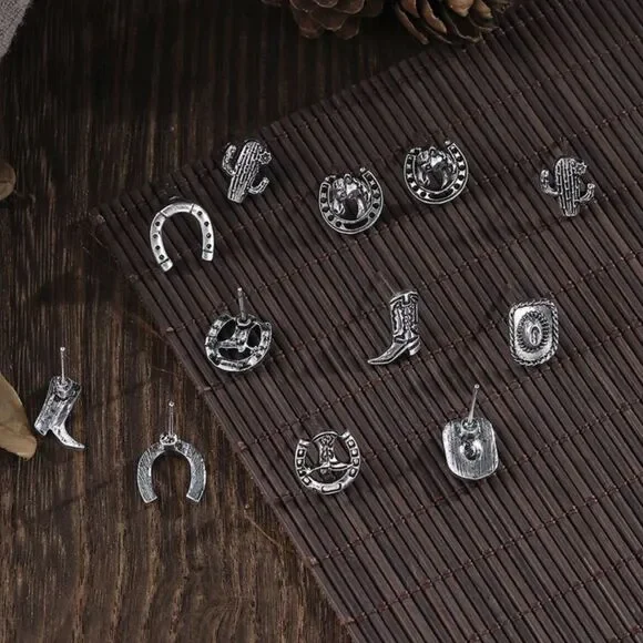 Western Cowgirl Bohemian Antique Silver Plated Horseshoes Cowboy Stud Earrings - Picture 2 of 4